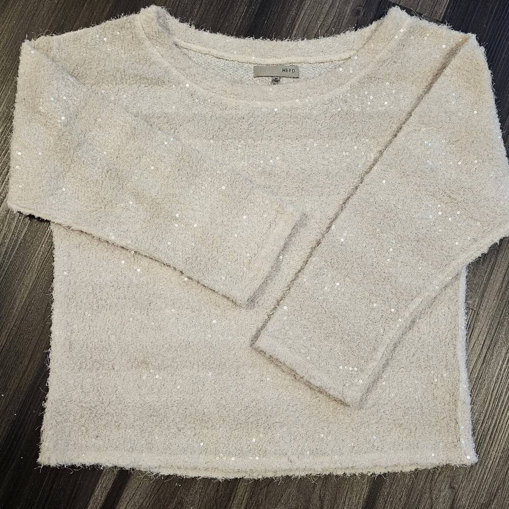 ✨️ HEED Sparkle Striped Cropped Sweater, Cream, Size Medium
